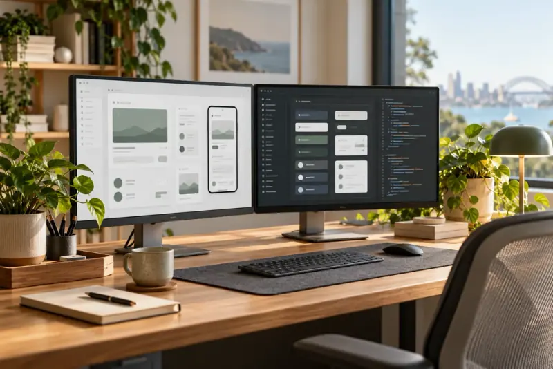 Illustrative scene: Software development desk with two monitors displaying abstract interface wireframes and component panels, clean green office plants.