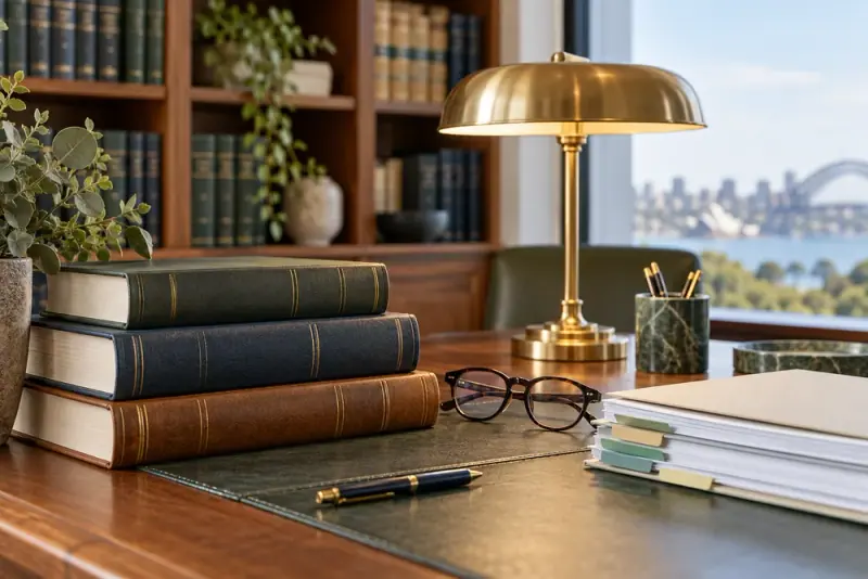 Illustrative scene: Law and taxation reference books on a library table with brass desk lamp, glasses and neatly tabbed documents, no readable titles.