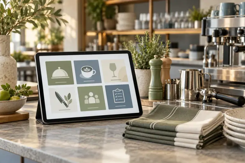 Illustrative scene: Hospitality e-learning setup with tablet showing abstract lesson tiles beside neatly folded napkins and barista tools, no people or readable text.