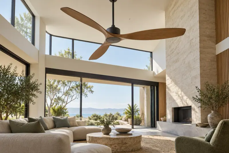 Illustrative scene: Modern sculptural ceiling fan in a high-ceiling contemporary living room, architectural upward angle, airy natural light.