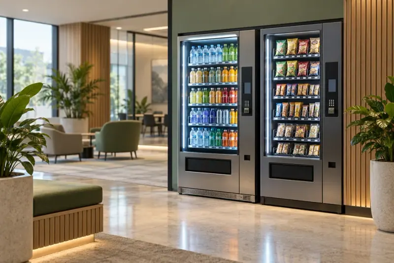 Illustrative scene: Modern illuminated vending machines stocked with neatly arranged drinks and snacks in a clean office lobby, no visible brand labels.