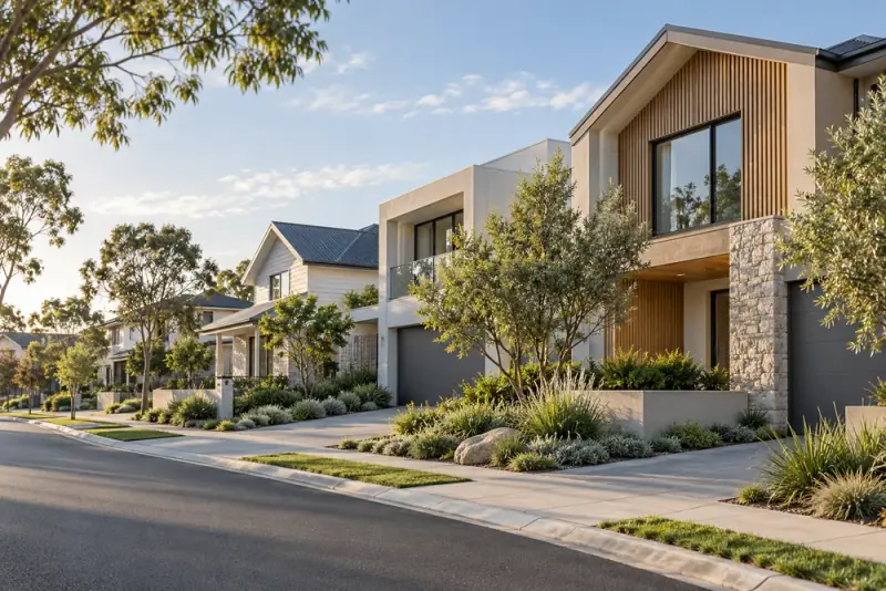 Illustrative scene: New suburban homes with varied facades along a leafy landscaped street, low street-level architectural view.