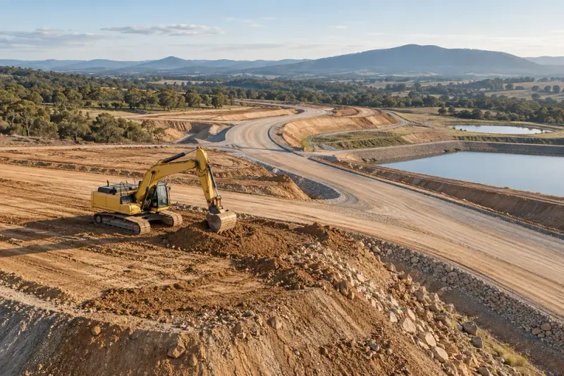 Illustrative scene: Aerial oblique view of civil earthworks, graded roads and a yellow excavator at an Australian infrastructure project, geometric earth textures.